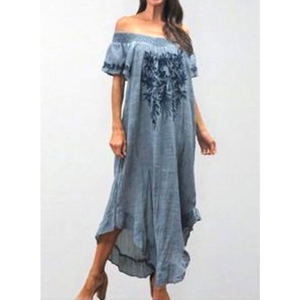 Athleta Kyla Seo Embroidered Pure Cotton Off the Shoulder Flowing Midi Dress